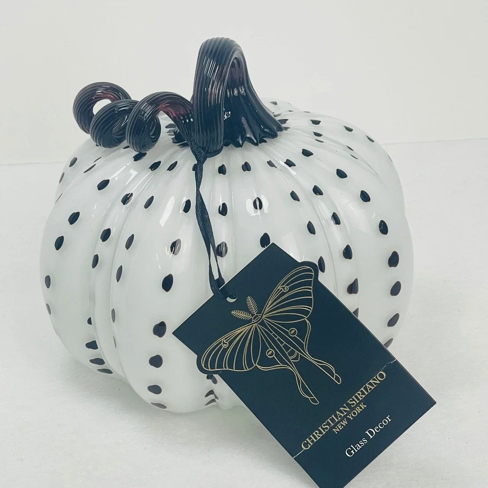 Christian Siriano New York Glass Pumpkin Decor White Black Polka Dot Purple Stem